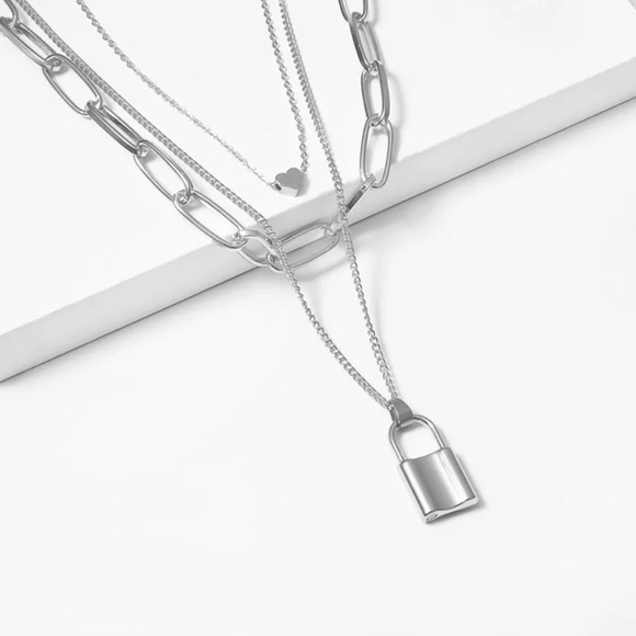 Silver Multi Layered Lock & Heart Chain Necklace - Picture 3 of 5
